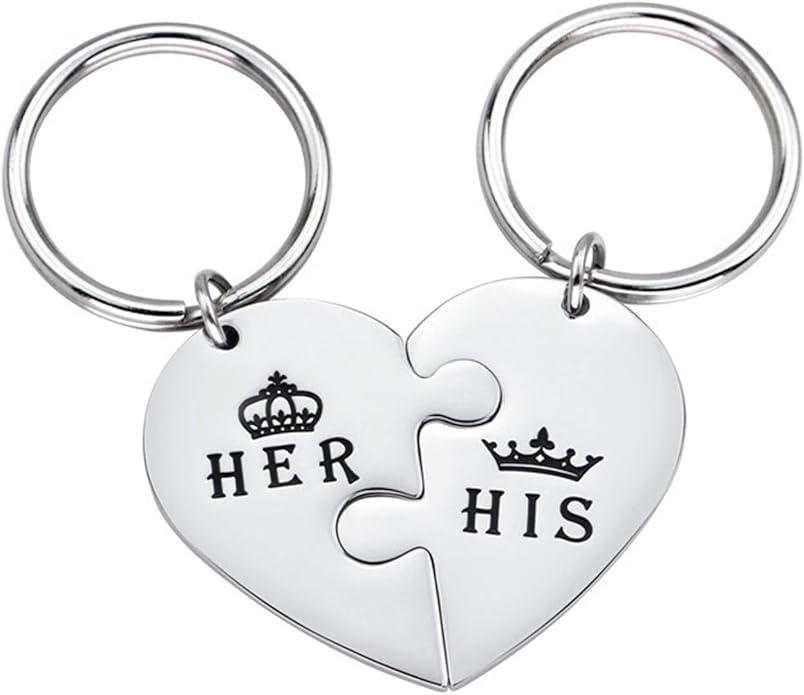 Couple Peach Heart Puzzle HIS HER Titanium Steel Keychain